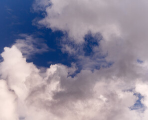 Fototapeta na wymiar White fluffy cumulus clouds in the summer sky, natural clouds background
