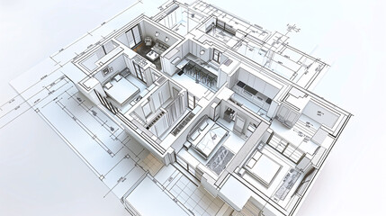 Modern 3d house growing out of detailed blueprint, floor plan 