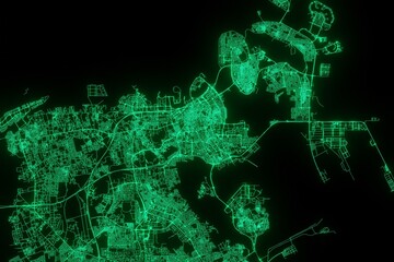 Map of the streets of Manama (Bahrain) made with green illumination and glow effect. Top view on roads network. 3d render, illustration - obrazy, fototapety, plakaty