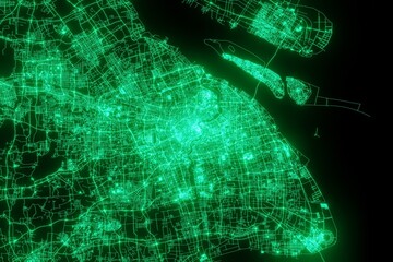 Map of the streets of Shanghai (China) made with green illumination and glow effect. Top view on roads network. 3d render, illustration - obrazy, fototapety, plakaty