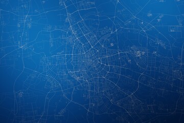 Stylized map of the streets of Tianjin (China) made with white lines on abstract blue background lit by two lights. Top view. 3d render, illustration - obrazy, fototapety, plakaty