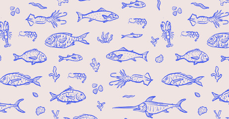 Fish, lobster, shrimp and squid hand drawn seamless pattern. Ocean fish and sea life outline wallpaper. Blue seafood elements on pink background. Design for branding, restaurant and menu.