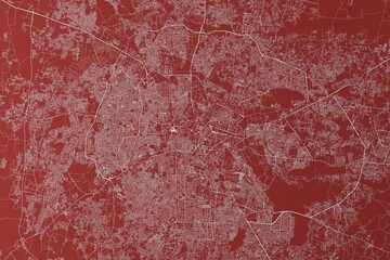 Map of the streets of Bangalore (India) made with white lines on red background. Top view. 3d render, illustration - obrazy, fototapety, plakaty