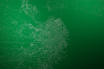 Map of the streets of Surabaya (Indonesia) made with white lines on abstract green background lit by two lights. Top view. 3d render, illustration - obrazy, fototapety, plakaty