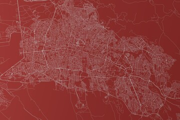 Map of the streets of Tabriz (Iran) made with white lines on red background. Top view. 3d render, illustration - obrazy, fototapety, plakaty