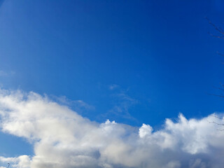White fluffy cumulus clouds in the summer sky, natural clouds background