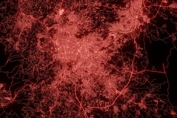 Street map of Amman (Jordan) made with red illumination and glow effect. Top view on roads network. 3d render, illustration - obrazy, fototapety, plakaty