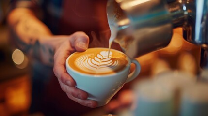 Close-up of a barista pouring milk to create a heart pattern in a latte at a coffee shop.
