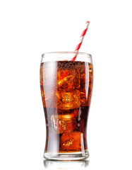 Cola with ice in glass isolated on white