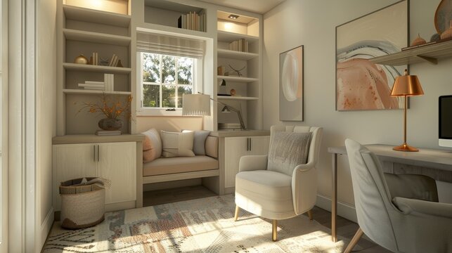 Cozy Corner Office Professional captures of a cozy corner transformed into a home office featuring comfortable seating soft lighting  AI generated illustration