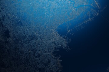 Street map of Yokohama (Japan) engraved on blue metal background. View with light coming from top. 3d render, illustration