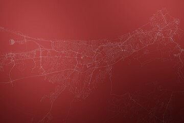 Map of the streets of Mascat (Oman) made with white lines on abstract red background lit by two lights. Top view. 3d render, illustration - obrazy, fototapety, plakaty