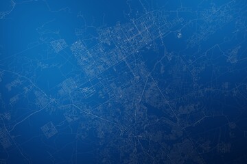 Stylized map of the streets of Islamabad (Pakistan) made with white lines on abstract blue background lit by two lights. Top view. 3d render, illustration