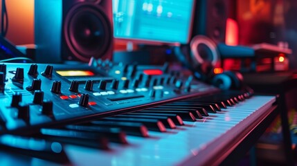 Detailed view of music studio equipment with vibrant LED lights on a synthesizer and sound mixer. - obrazy, fototapety, plakaty