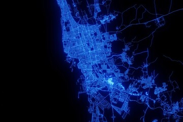 Street map of Jeddah (Saudi Arabia) made with blue illumination and glow effect. Top view on roads network - obrazy, fototapety, plakaty