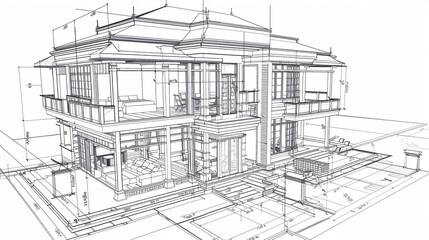 Modern 3d house growing out of detailed blueprint, floor plan 