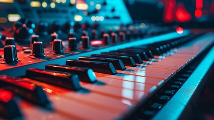 Close-up view of a synthesizer keyboard with a blurred screen in a music studio, highlighting the creative process in music production.