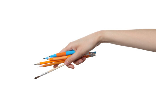 PNG,a female hand holds a brush and pencils, isolated on white background