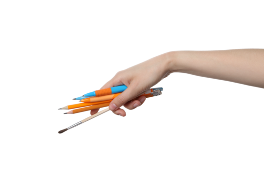 PNG,a female hand holds a brush and pencils, isolated on white background