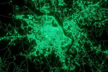 Map of the streets of Hanoi (Vietnam) made with green illumination and glow effect. Top view on roads network. 3d render, illustration - obrazy, fototapety, plakaty