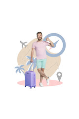 Vertical collage picture of cheerful guy hold suitcase demonstrate thumb up approval drawing plane palm tree compass isolated on beige background