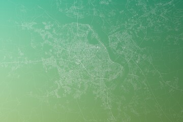 Map of the streets of Hanoi (Vietnam) made with white lines on yellowish green gradient background. Top view. 3d render, illustration - obrazy, fototapety, plakaty