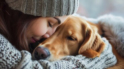 Woman in winter clothing shares a close, affectionate moment with her golden retriever.