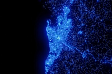 Street map of Adelaide (Australia) made with blue illumination and glow effect. Top view on roads network - obrazy, fototapety, plakaty