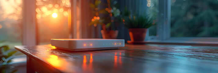 A new white Wi-Fi router on the table indoors,
New wifi router on white table indoors back view
 - obrazy, fototapety, plakaty
