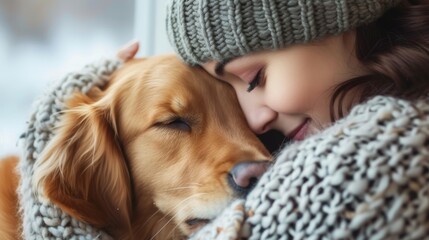 Woman in winter clothing shares a close, affectionate moment with her golden retriever. - obrazy, fototapety, plakaty