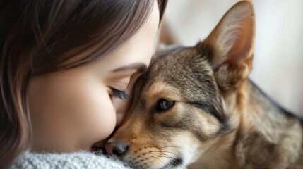 Close-up of a young woman gently resting her head on her dog's forehead.