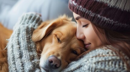 Woman in winter clothing shares a close, affectionate moment with her golden retriever. - obrazy, fototapety, plakaty