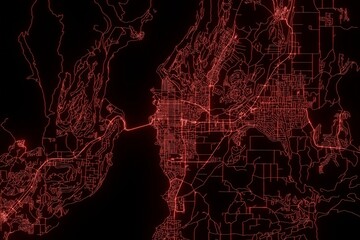 Street map of Kelowna (Canada) made with red illumination and glow effect. Top view on roads network. 3d render, illustration