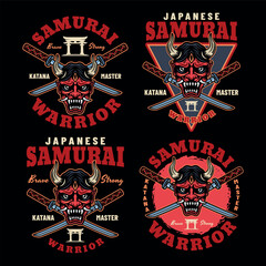 Samurai set of vector colored emblems, badges, labels on dark background
