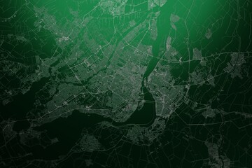 Street map of Montreal (Canada) engraved on green metal background. Light is coming from top. 3d render, illustration