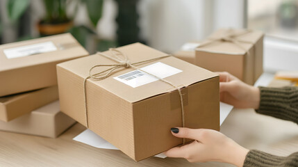 A woman hands packing a cardboard package with a label on a wooden table. Packing order for customer	