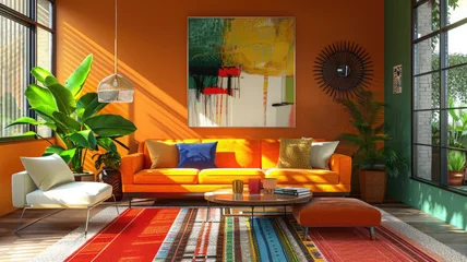 Foto op Plexiglas A vibrant, eclectic living room with mid-century design cues © Desinage