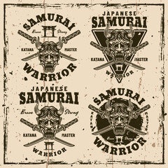 Samurai vector vintage emblems, badges, labels on background with removable grunge textures