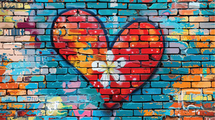 Heart pattern with flower on a brick wall in graffiti