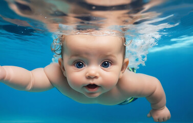 Fototapeta na wymiar Cute baby swimming underwater in bright blue sea