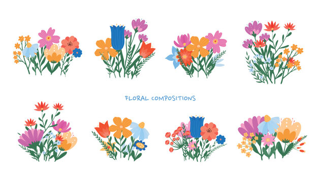 Floral pre made compositions collection, spring wildflowers bouquets for mothers day cards, posters, stickers, invitations, banners, signs, prints. EPS 10