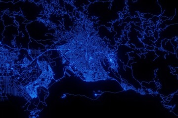 Street map of Kingston (Jamaica) made with blue illumination and glow effect. Top view on roads network - obrazy, fototapety, plakaty