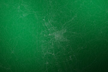 Map of the streets of Graz (Austria) made with white lines on abstract green background lit by two lights. Top view. 3d render, illustration - obrazy, fototapety, plakaty
