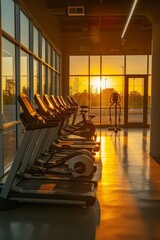 Empty treadmills in a gym bask in the golden light of a setting sun streaming through tall windows.