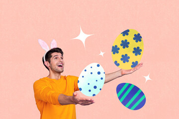 Creative trend collage of funny cute man catch eggs bunny ears easter concept weird freak bizarre...