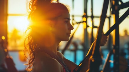 Young woman in a contemplative state during a calm fitness session as the sun sets, highlighting her profile.