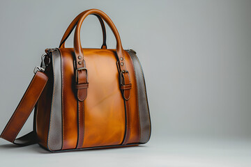 Elegant, modern women's handbag in beautiful status, light brown, gry on a light studio background