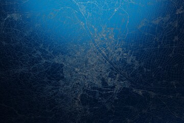Street map of Vienna (Austria) engraved on blue metal background. View with light coming from top. 3d render, illustration - obrazy, fototapety, plakaty