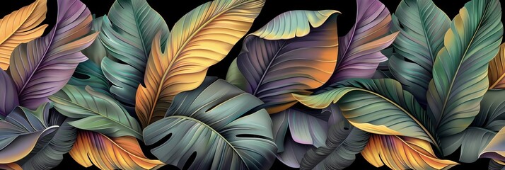 Tropical luxury exotic seamless pattern. Pastel colorful banana leaves, palm. Dark glamorous background design. Good for wallpapers, tapestry,cloth, fabric printing