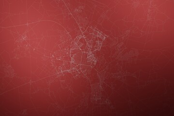 Map of the streets of Gomel (Belarus) made with white lines on abstract red background lit by two lights. Top view. 3d render, illustration - obrazy, fototapety, plakaty